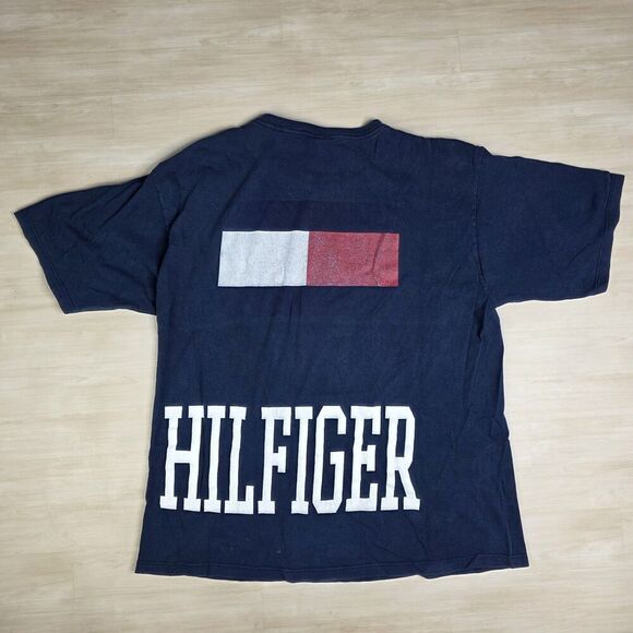Vintage 90s Tommy Hilfiger Spell Out Double Sided Shirt‎ Navy Size XL DISTRESSED - Picture 2 of 10